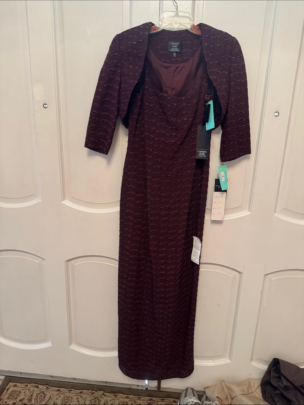 Carmen Marc Valvo Burgundy Textured Maxi Dress with Bolero Jacket